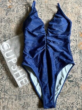 Cupshe Navy Blue Shimmery One-Piece Swimsuit with Light Blue Lining